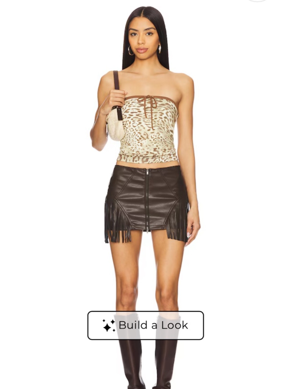 superdown Brown Fringe Zip-Front Faux Leather Mini Skirt